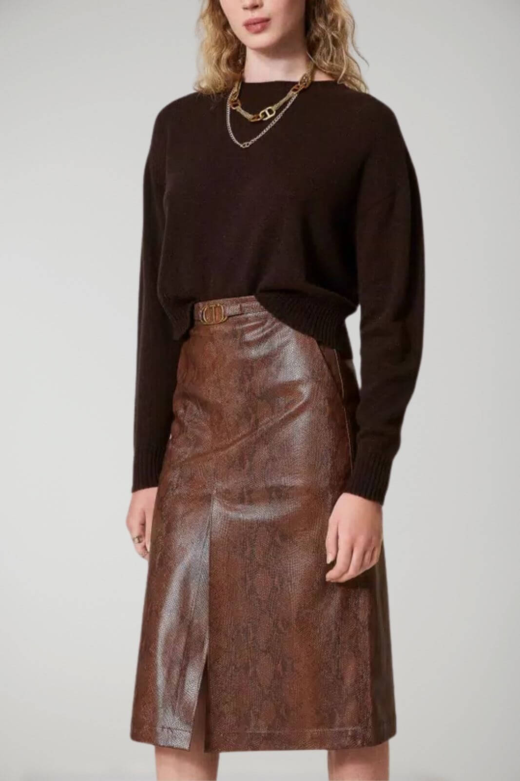 Twinset Milano women's longuette skirt with lizard-effect leather
