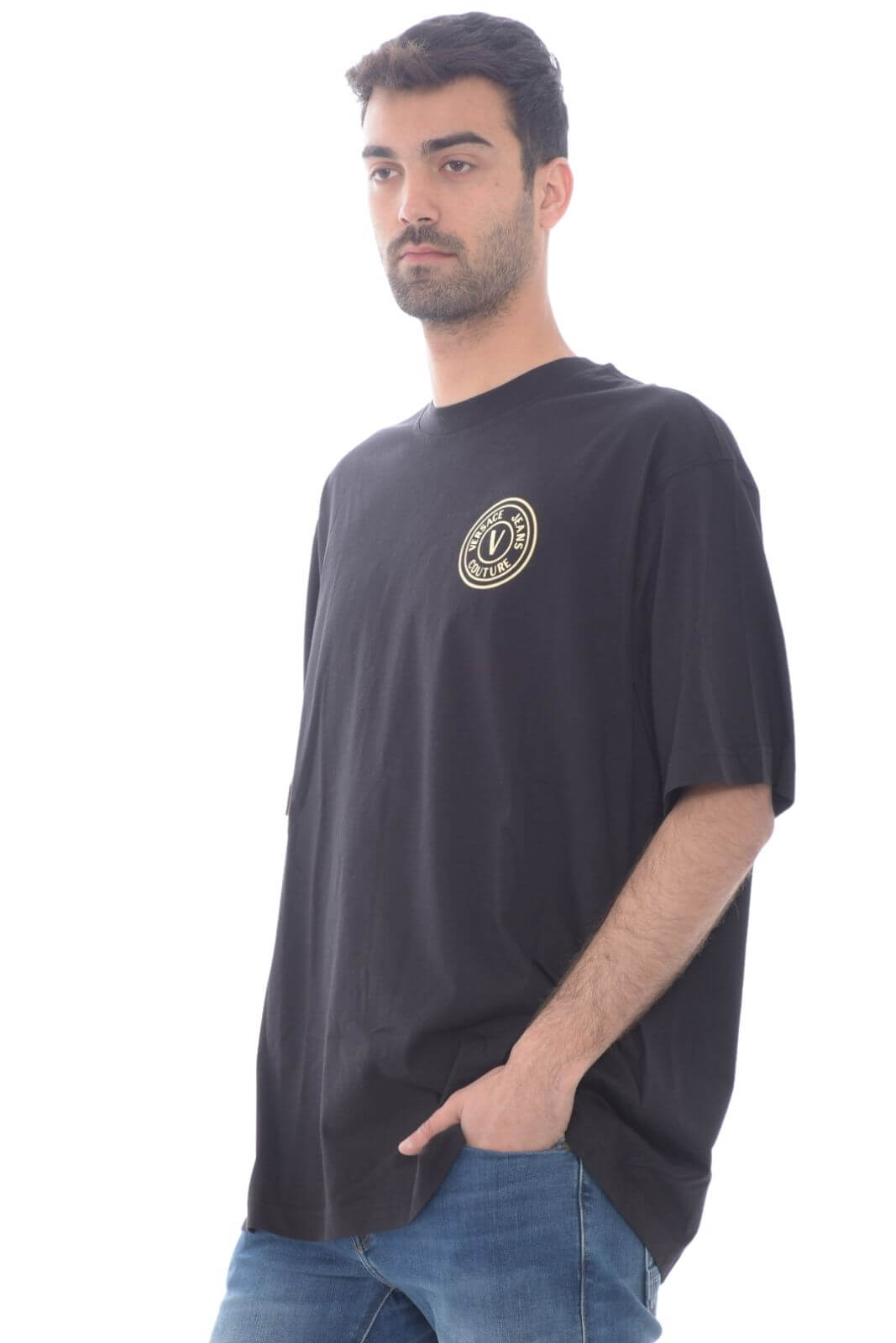 Versace Jeans Couture Camiseta para hombre con emblema en V, ajuste holgado