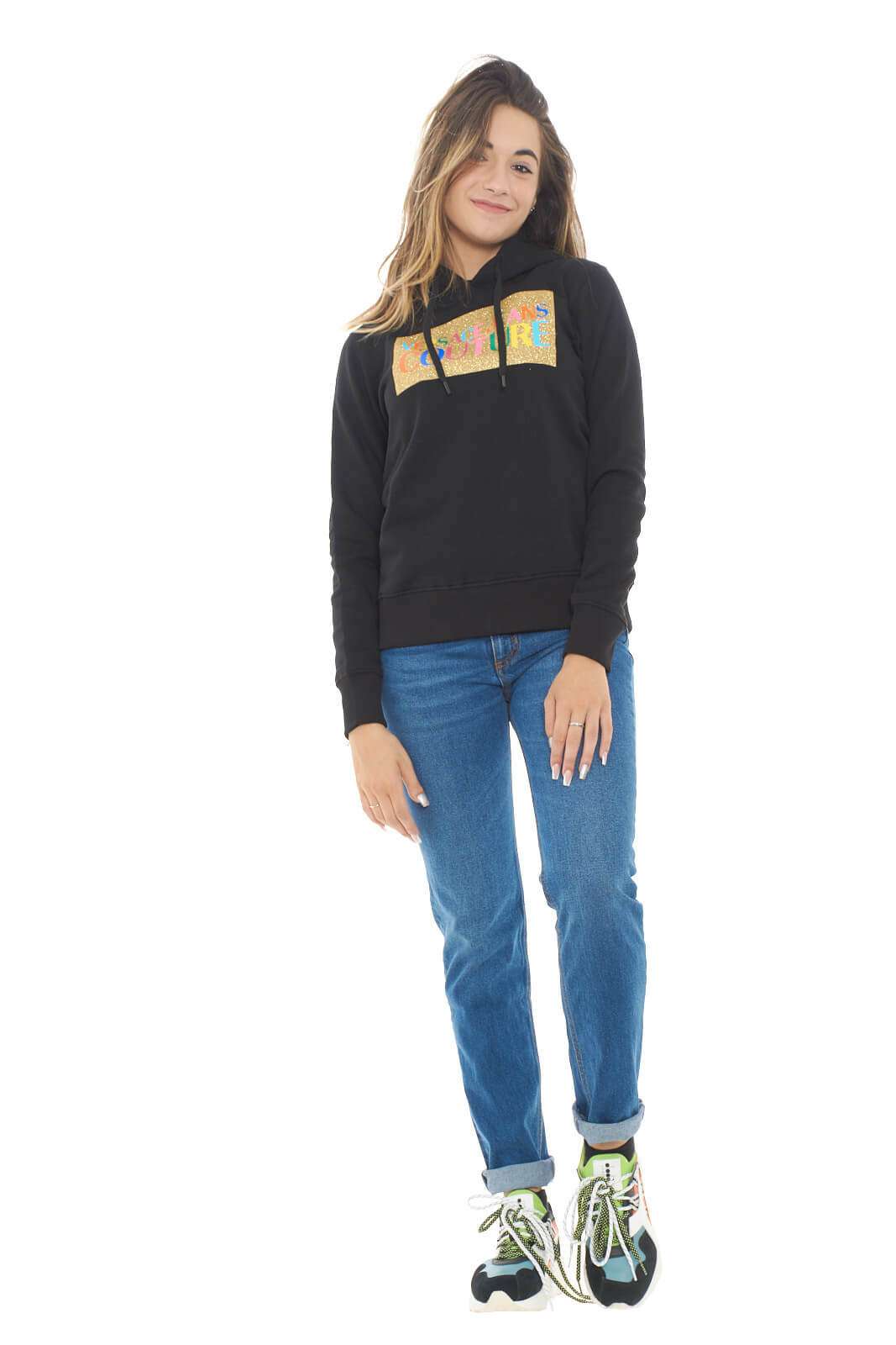 Versace Jeans Couture felpa donna con stampa glitter e logo multicolore