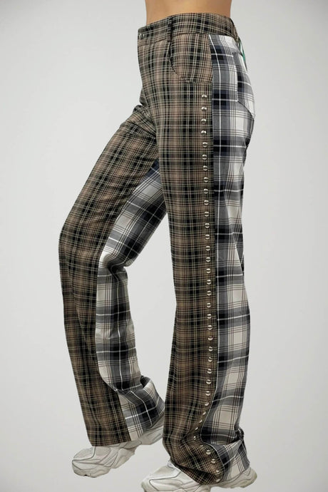 Akep Pantaloni Donna Fantasia Check con Borchie in Viscosa Stretch