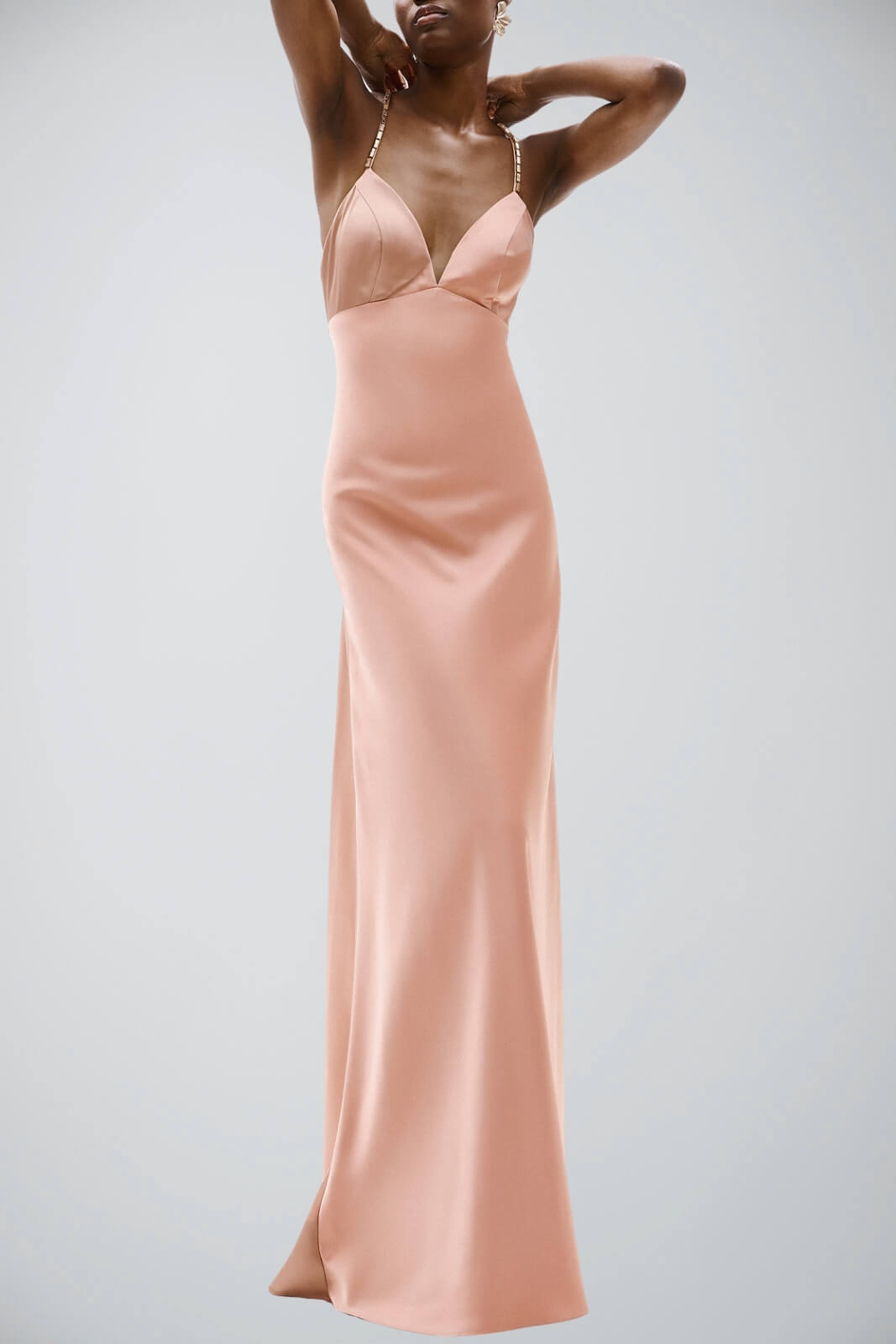 Abito lungo da donna in raso Allure Evening con spalline e gemme