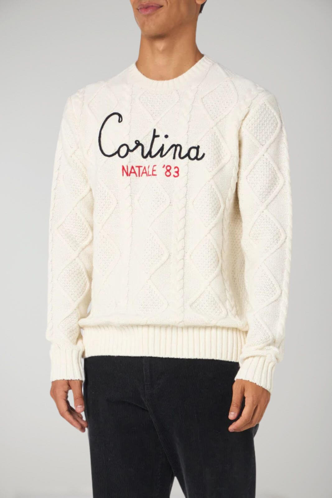 MC2 Saint Barth men's cable knit sweater with Cortina Christmas '83 embroidery