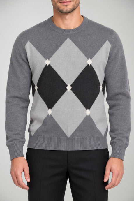 Blu Cashmere Maglia Uomo con intarsi a rombi / Grigio