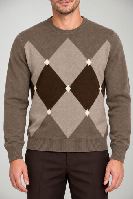 Blu Cashmere Maglia Uomo con intarsi a rombi / Tortora