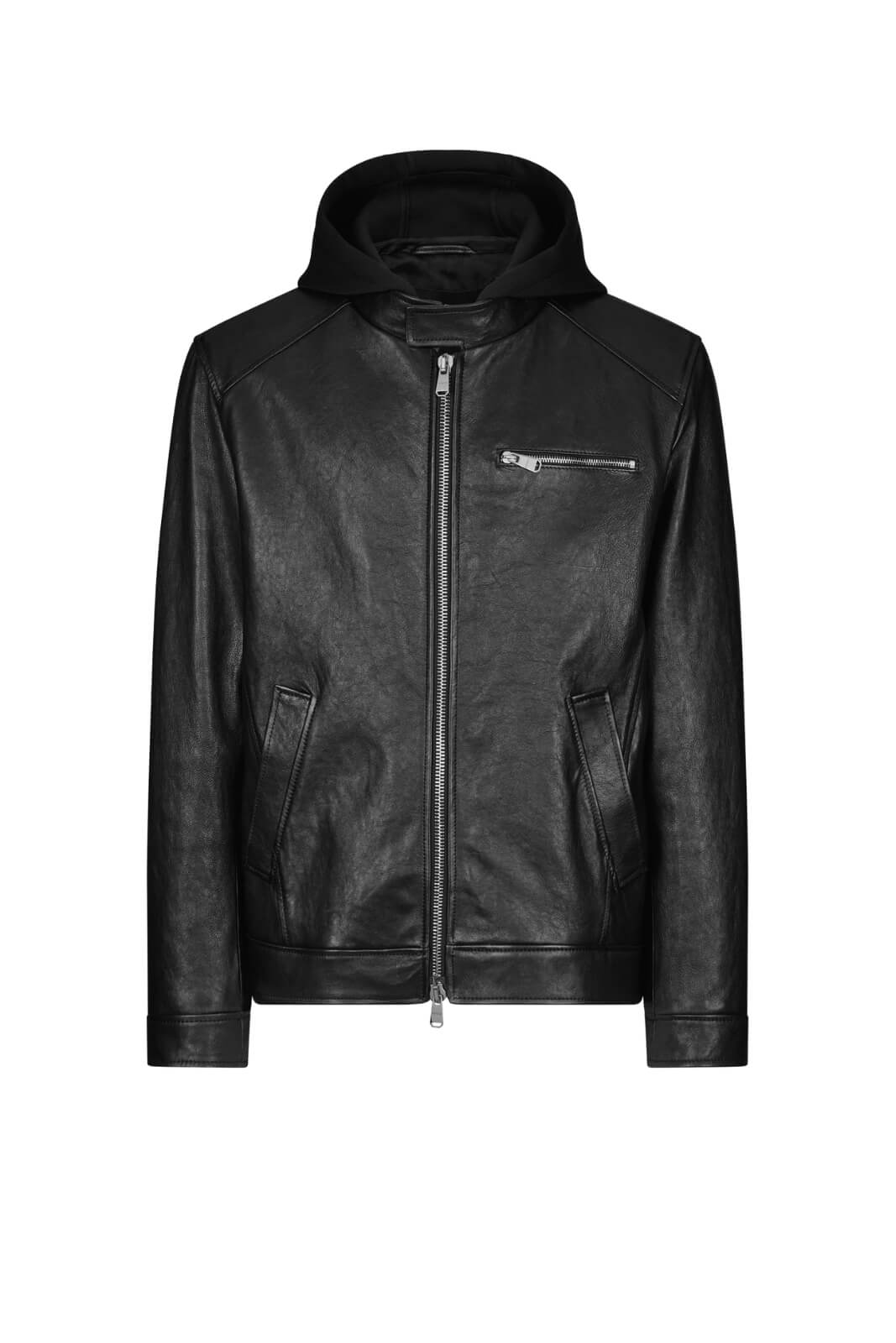 Biker da uomo Dondup in nappa con cappuccio e zip centrale fronte