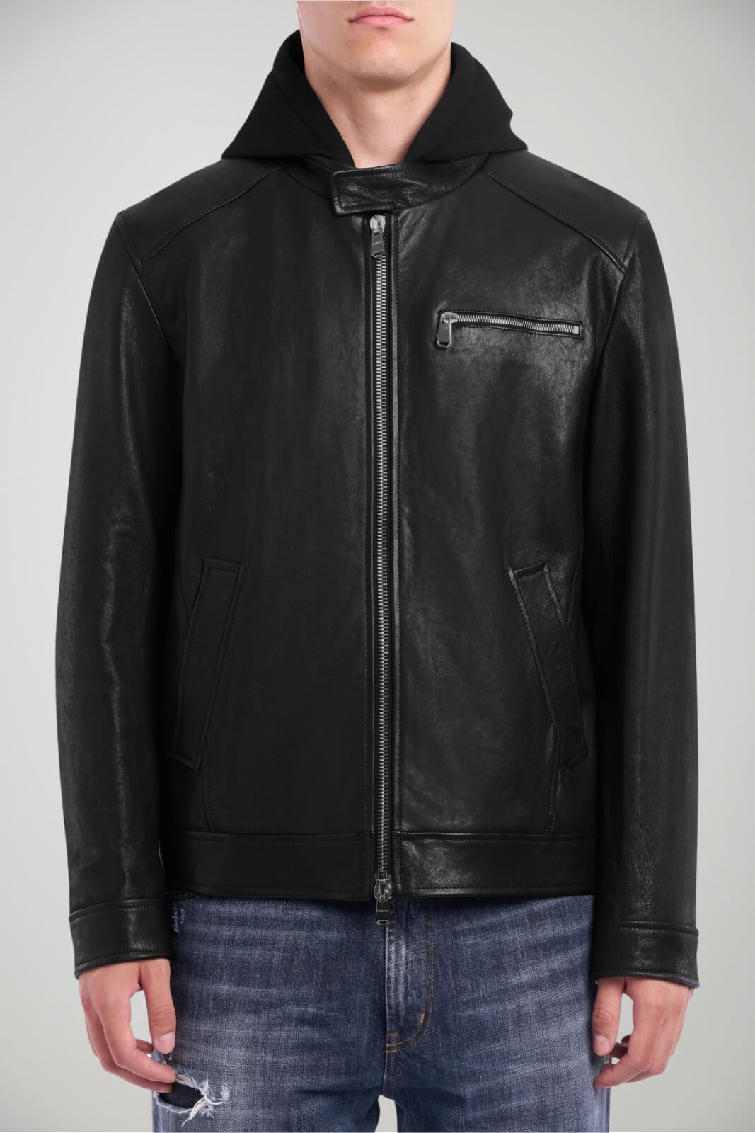 Biker da uomo Dondup in nappa con cappuccio e zip centrale fronte 1