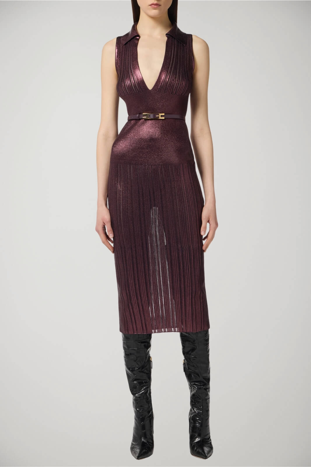 Abito donna Elisabetta Franchi smanicato in maglia laminata e scollo a V fronte 1