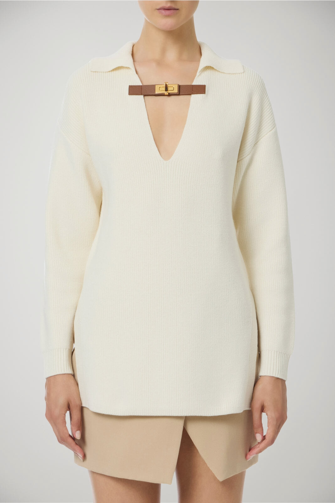 Maglia da donna Elisabetta Franchi in misto lana scollo a V con cinturino fronte 1