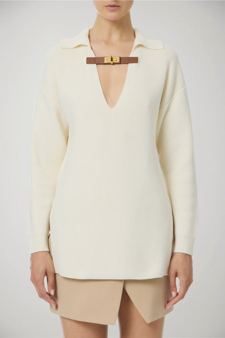 Maglia da donna Elisabetta Franchi in misto lana scollo a V con cinturino fronte 1