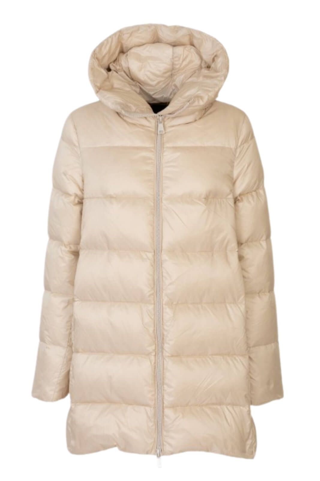 Piumino lungo da donna con cappuccio fronte