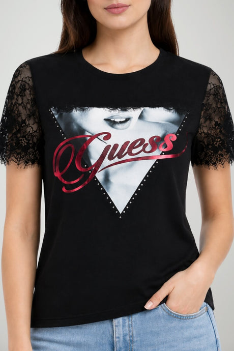 Guess T-shirt Donna con inserto in pizzo
