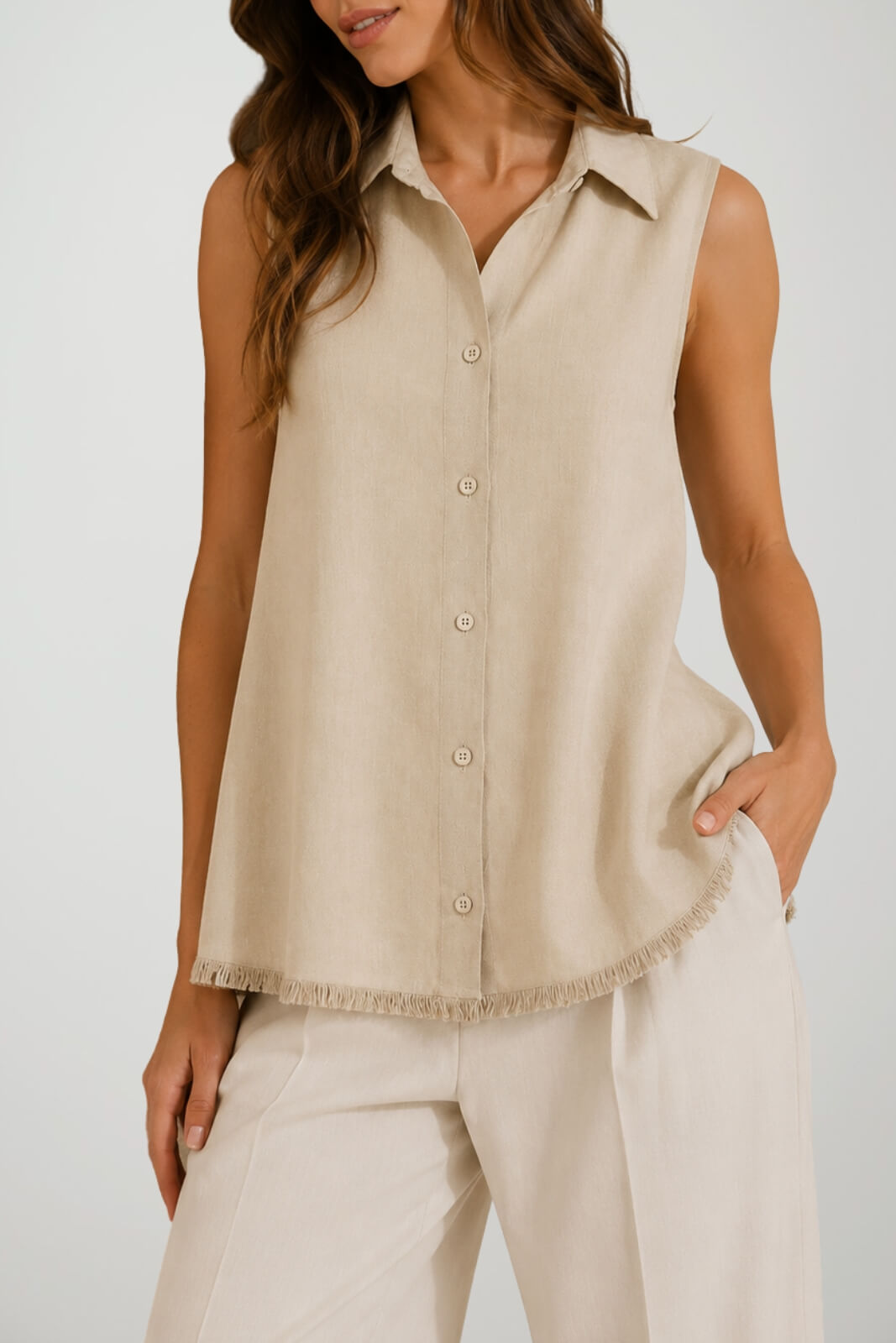 Icona Gilet Donna in Lino con Fondo Sfrangiato