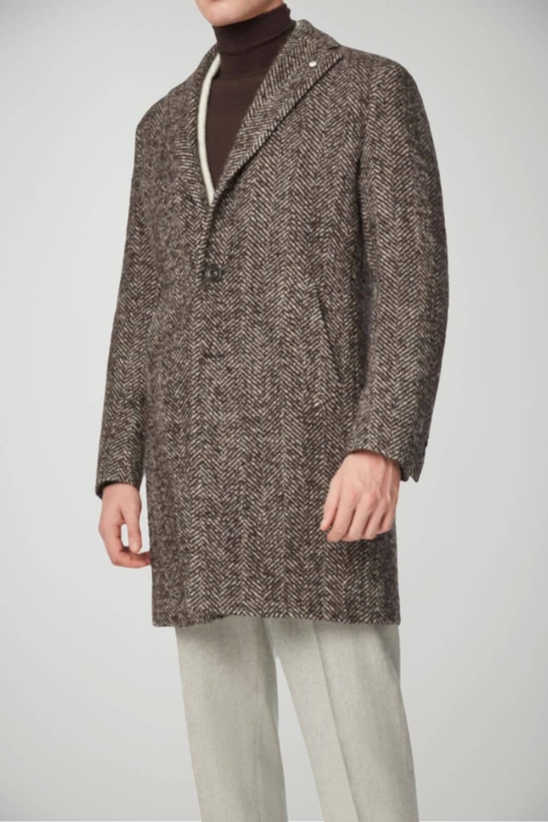 Cappotto LBM 1911 da uomo monopetto lungo in trama spinata fronte 1