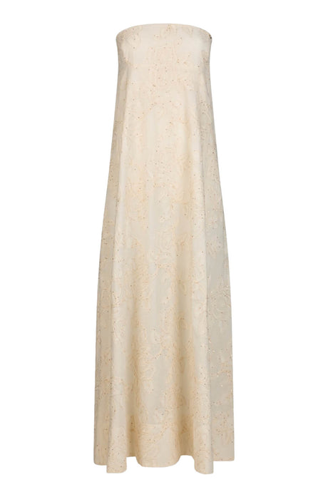 Abito donna Liu Jo smanicato in mussola di cotone con cut out posteriore e con ricami floreali tinta unita color avorio