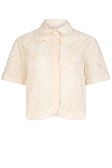 Camicia donna Liu Jo maniche corte in cotone con ricami floreali in tinta unita avorio