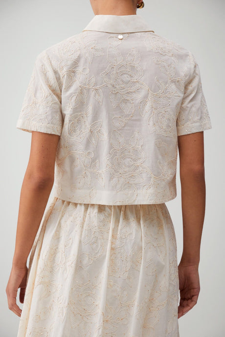 Camicia donna Liu Jo maniche corte in cotone con ricami floreali in tinta unita avorio