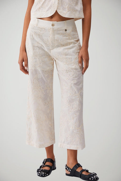 Pantaloni donna Liu Jo in mussola di cotone con micro paillettes a vita media in tinta unita avorio