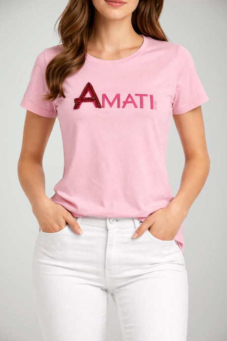 T-shirt donna Liu Jo con stampa e strass maniche corte in cotone in tinta unita rosa