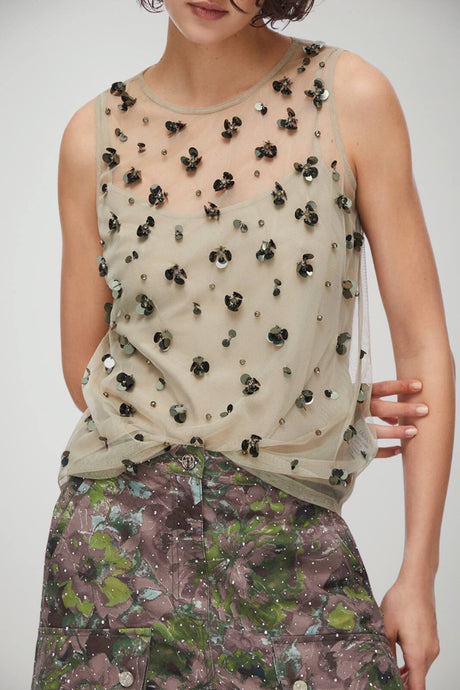 Top donna Liu Jo smanicato in poliestere con paillettes floreali