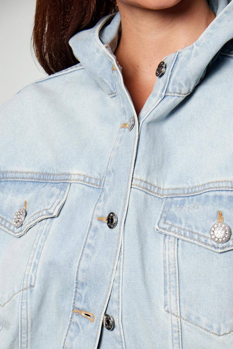 Bomber in denim da donna Liu HJo boxy con cappuccio ed inserto in felpa