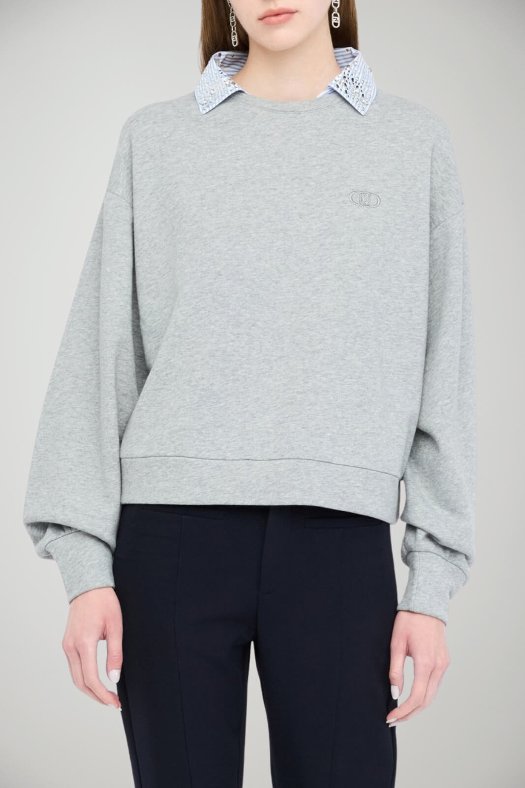 Felpa donna Liu Jo con colletto rigato e strass fronte 1