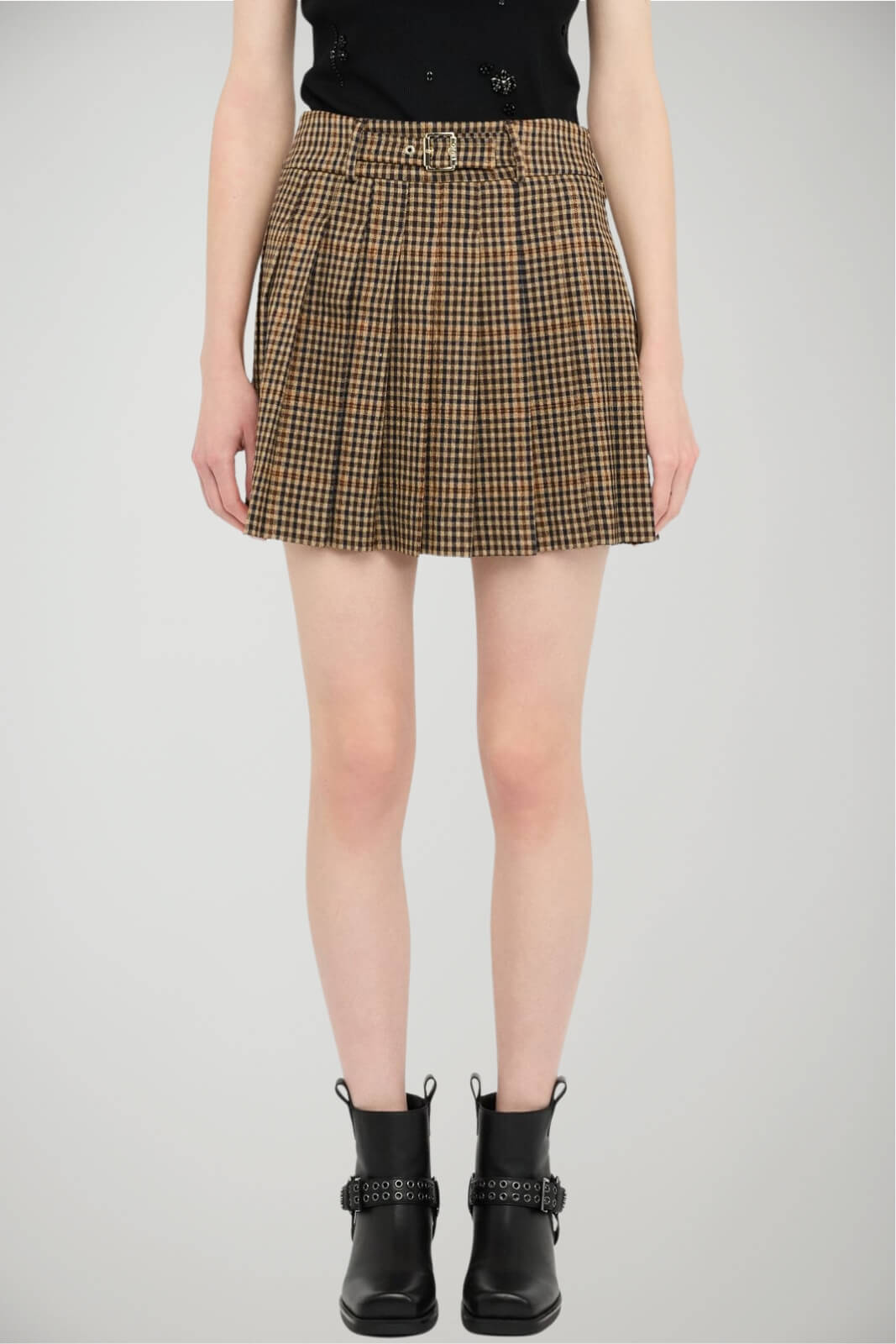 Gonna mini a quadri con pieghe fronte 1