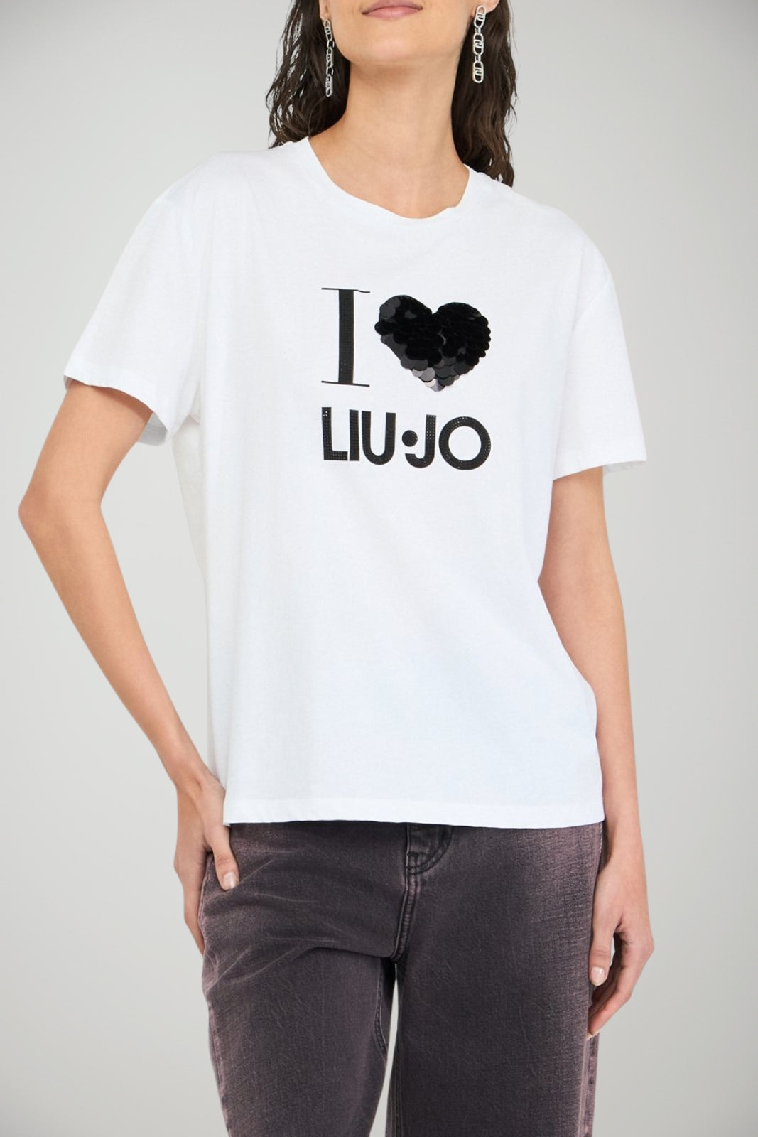 T-shirt da donna Liu Jo maniche corte con logo in paillettes fronte 1