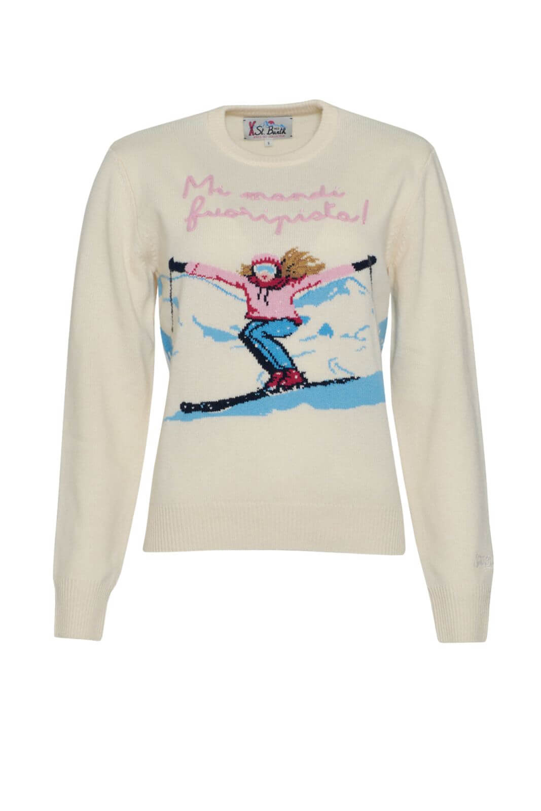 maglia donna firmata mc2 Saint Barth ricamo sciatrice e scritta mi mandi fuori pista