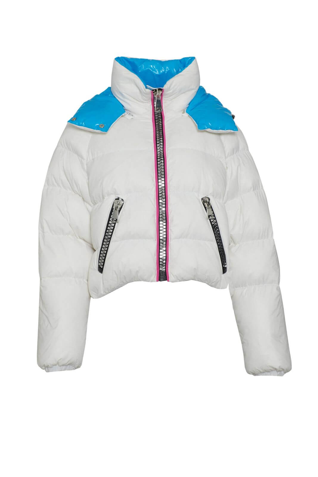 Piumino Montereggi da donna con cappuccio e maxi zip fronte