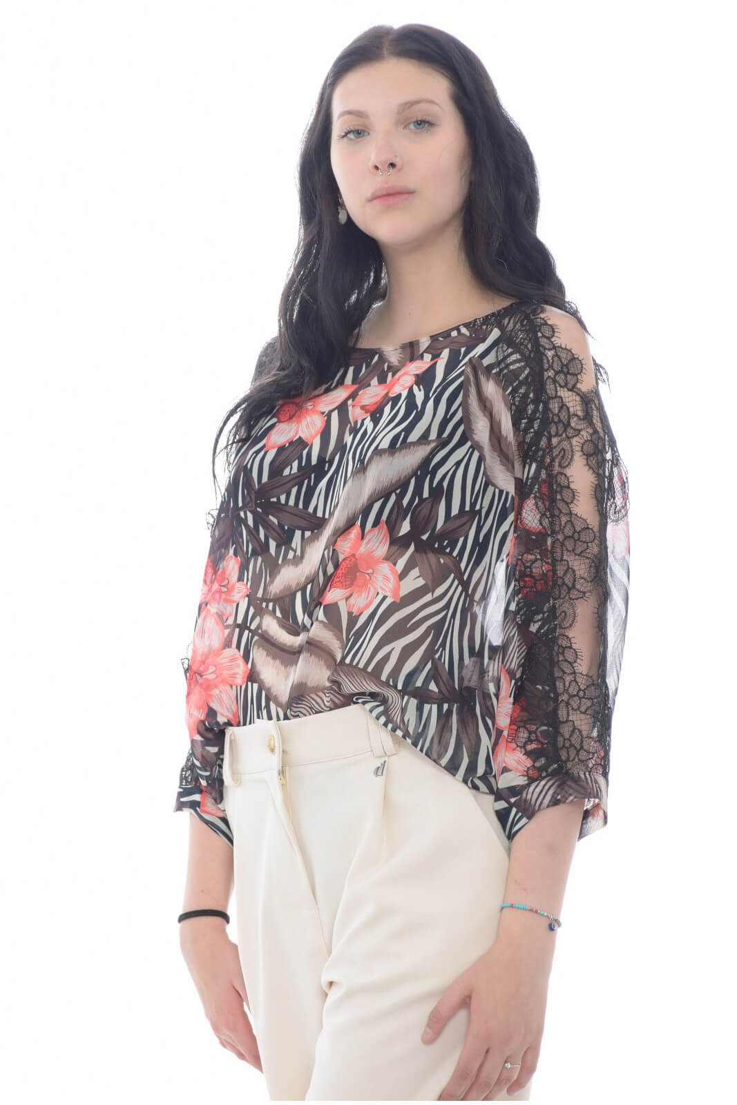 X'S Milano Blusa de mujer con inserciones de encaje