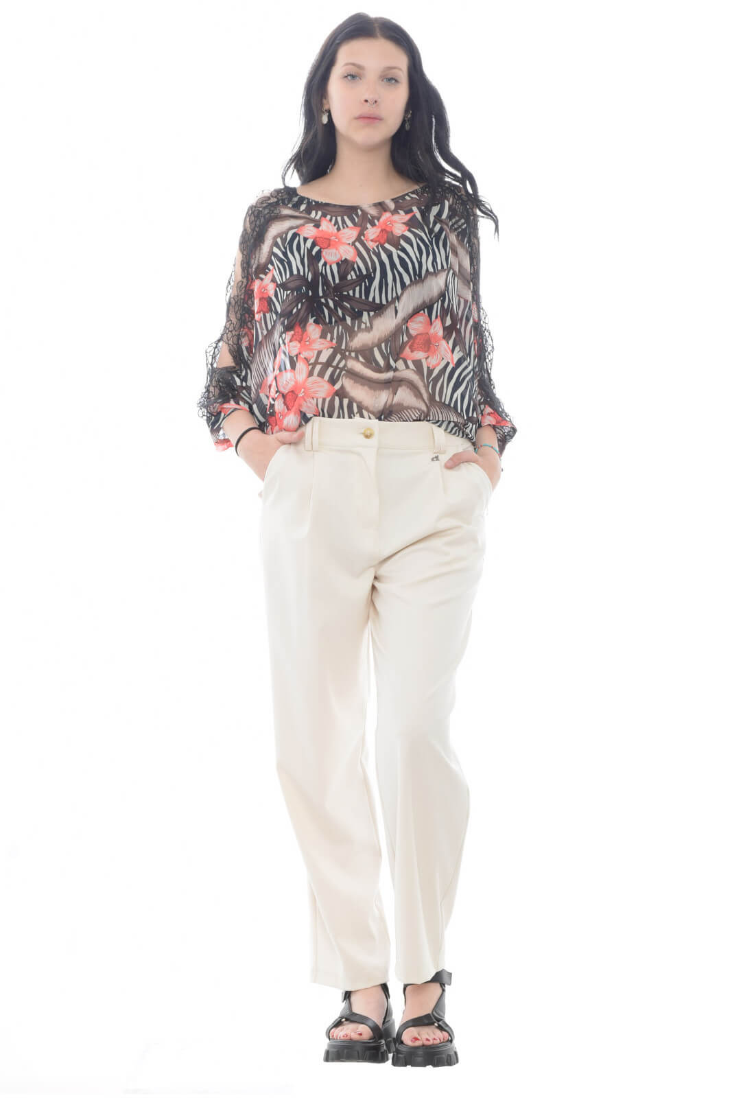 X'S Milano Blusa de mujer con inserciones de encaje