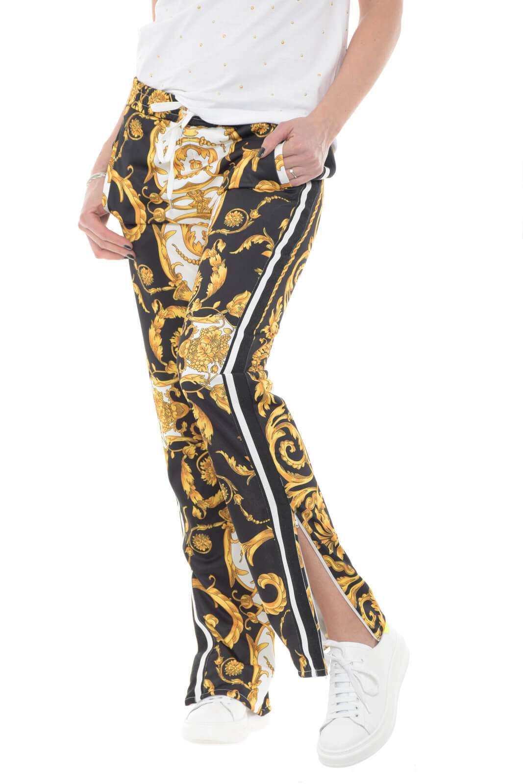 Parosh pantaloni donna a fantasia con bande laterali