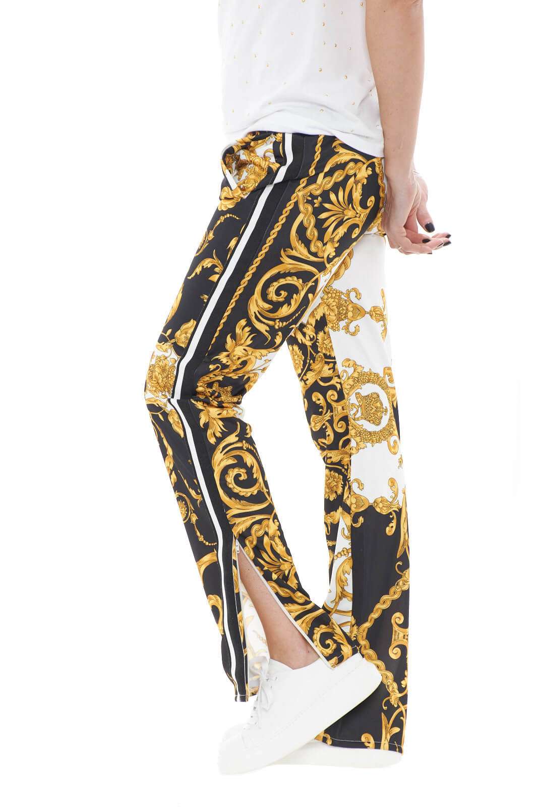 Parosh pantaloni donna a fantasia con bande laterali