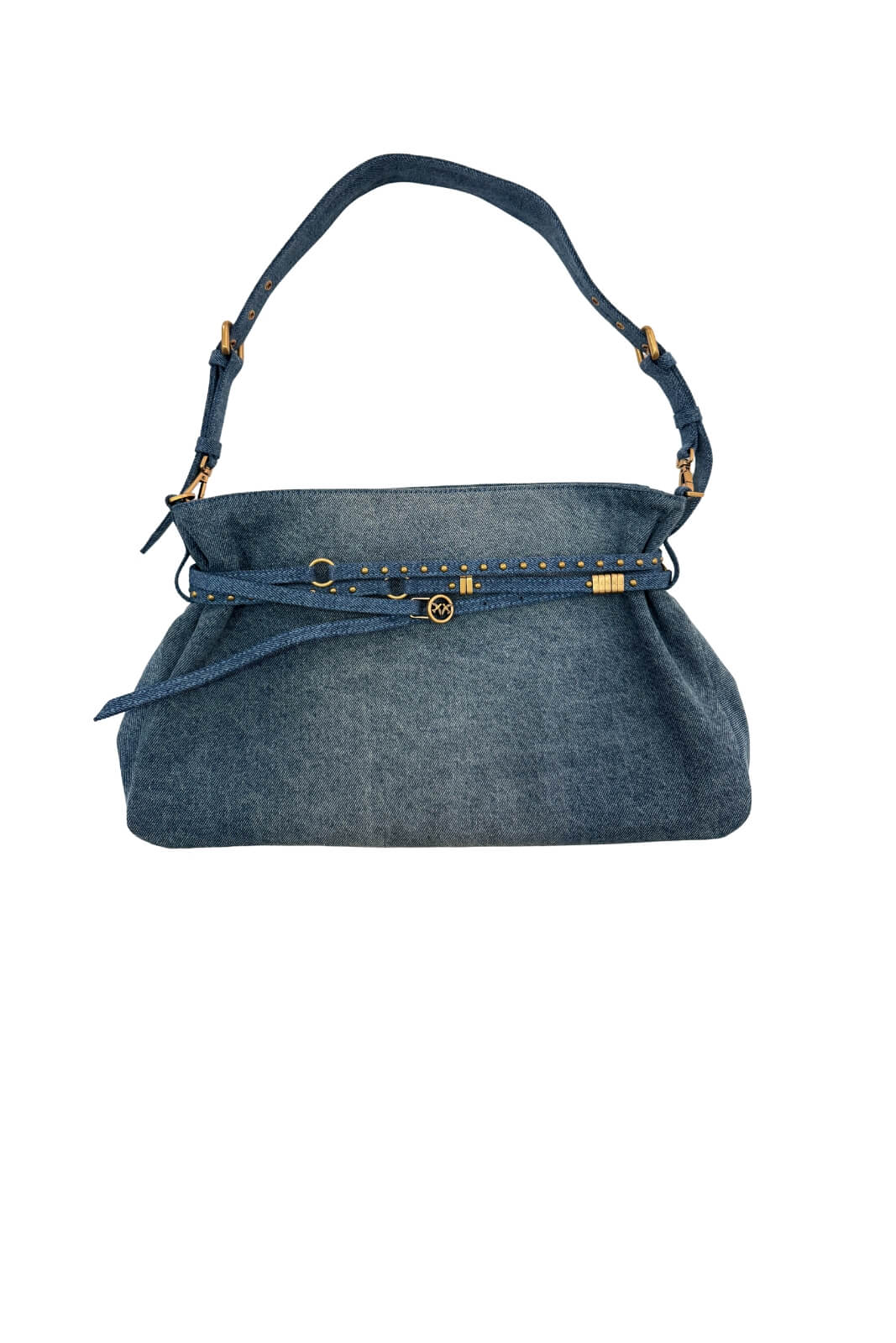 Borsa da donna Pinko in denim con tracolla e cinturini con borchie e logo