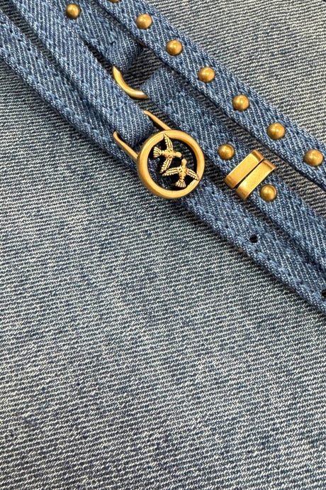 Borsa da donna Pinko in denim con tracolla e cinturini con borchie e logo