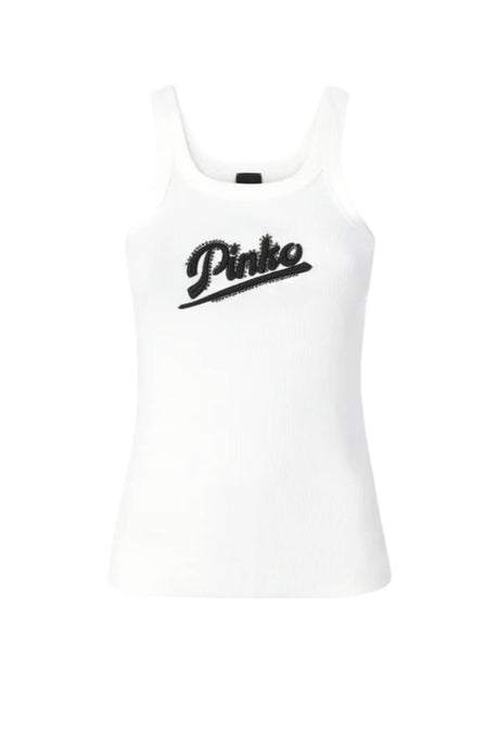 Canotta smanicata da donna Pinko a costine con lettering in strass
