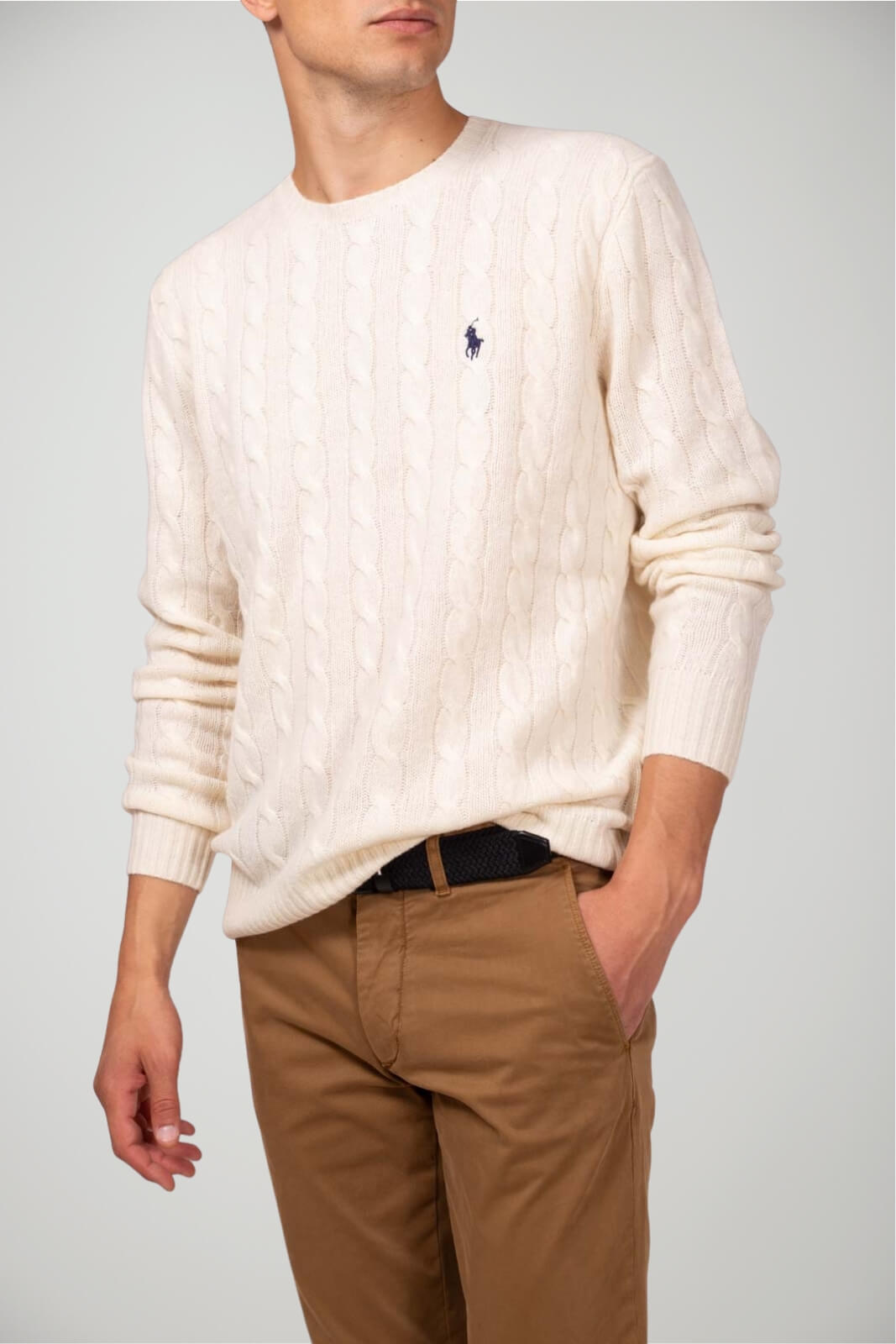 Maglione uomo Polo Ralph Lauren a trecce in lana e cashmere con logo fronte 1