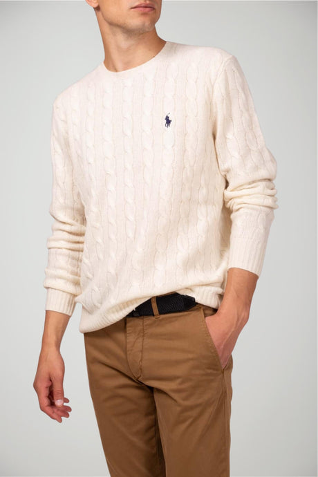 Maglione uomo Polo Ralph Lauren a trecce in lana e cashmere con logo fronte 1