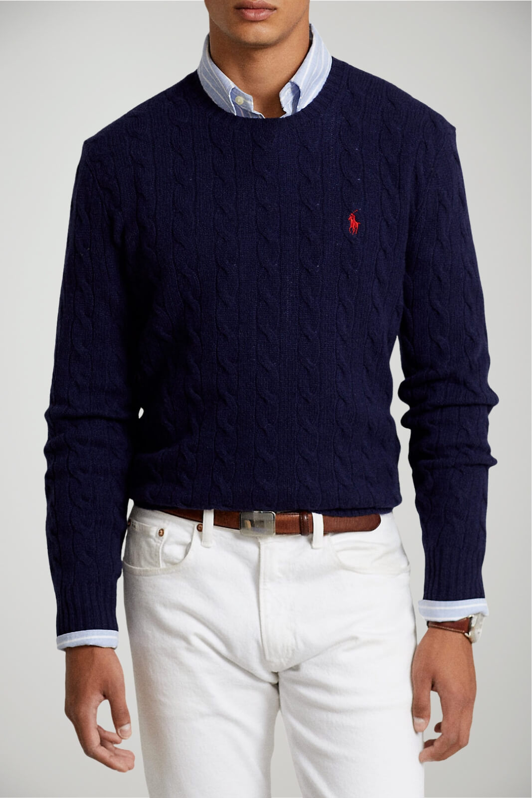 Maglione a trecce Polo Ralph Lauren in misto cashmere con logo a girocollo fronte 1