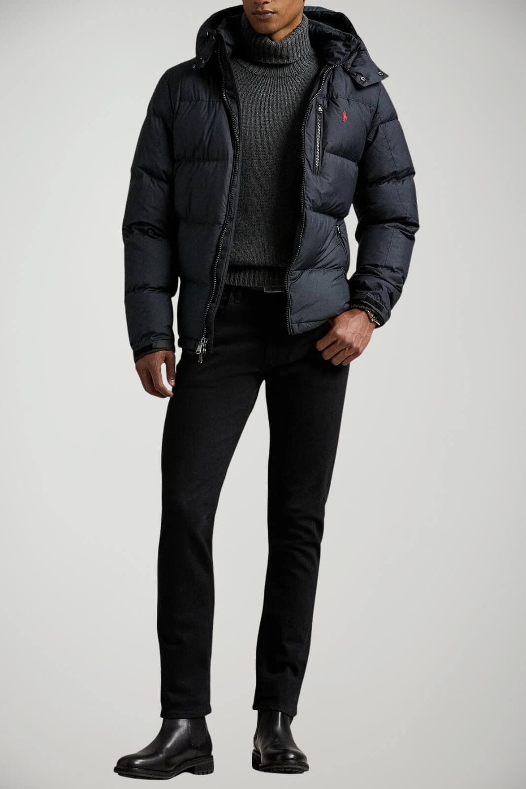 Piumino Polo Ralph Lauren da uomo con cappuccio e logo outfit