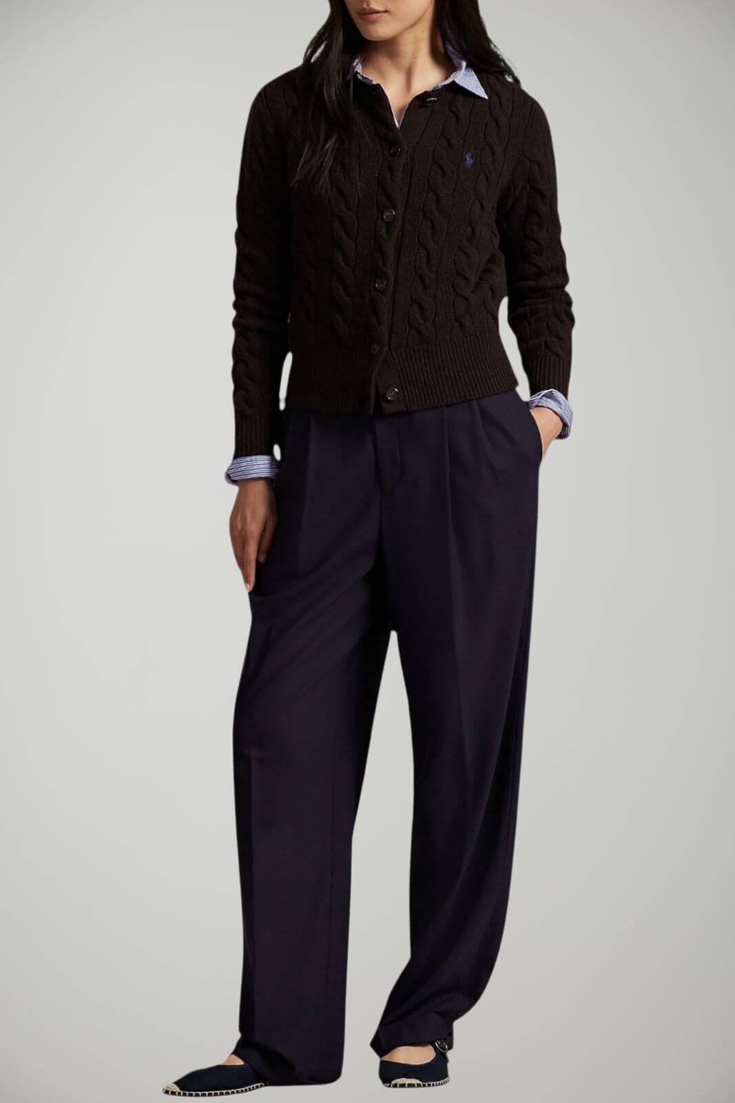 Cardigan da donna Polo Ralph Lauren a trecce in lana con bottoni outfit