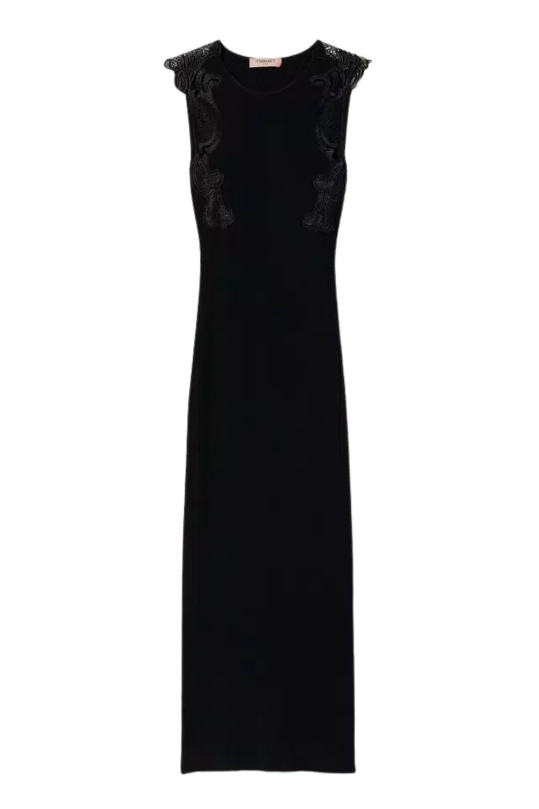 Abito da donna lungo in maglia smanicato con inserti in pizzo macramè