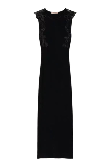 Abito da donna lungo in maglia smanicato con inserti in pizzo macramè