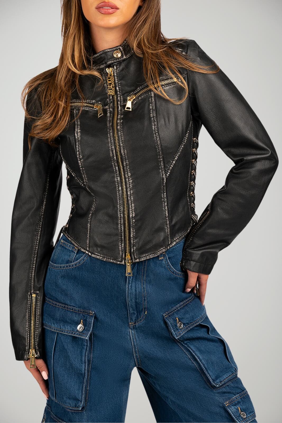 Biker donna in pelle Versace Jeans Couture fronte 1