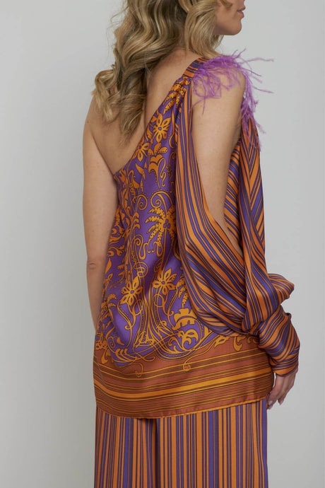 Dahlo Women's One-Shoulder Blouse with Feathers
