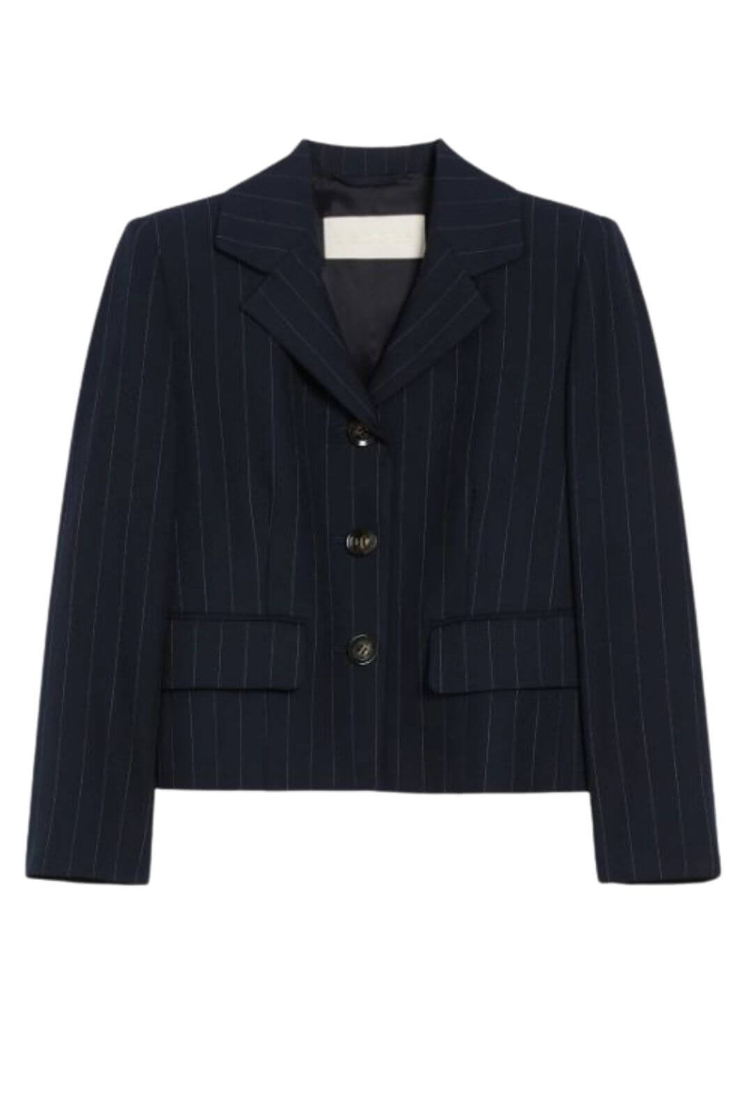 Giacca donna gessata, maniche a tre quarti allacciatura con bottoni, collo rever, doppia tasca sul davanti. Uno stile iconico e senza tempo firmato I Blues.