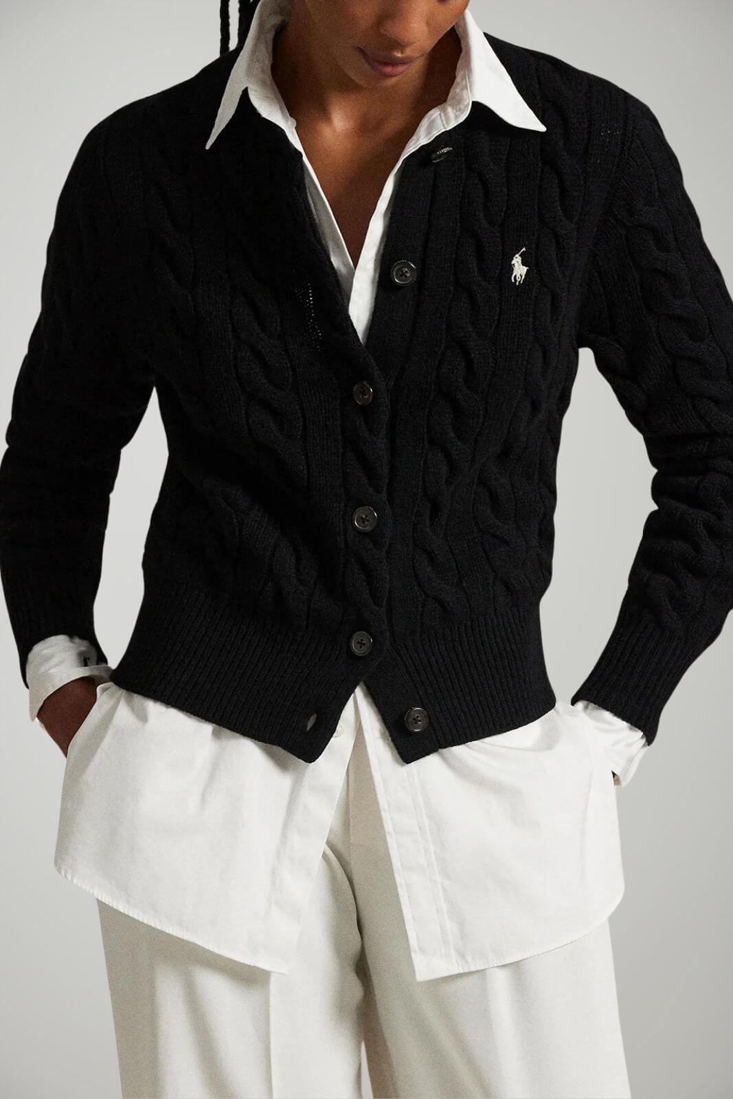 Cardigan da donna Polo Ralph Lauren a trecce con bottoni e logo fronte 1