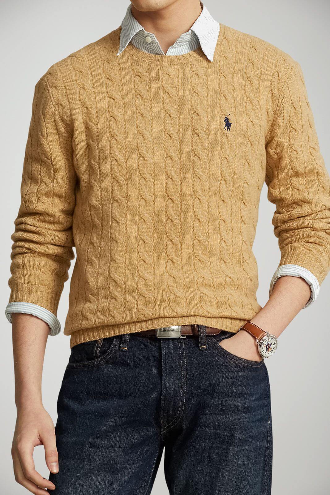 Maglia uomo firmata Polo Ralph Lauren in lana e cashmere con lavorazione a trecce, Logo Pony sul petto.