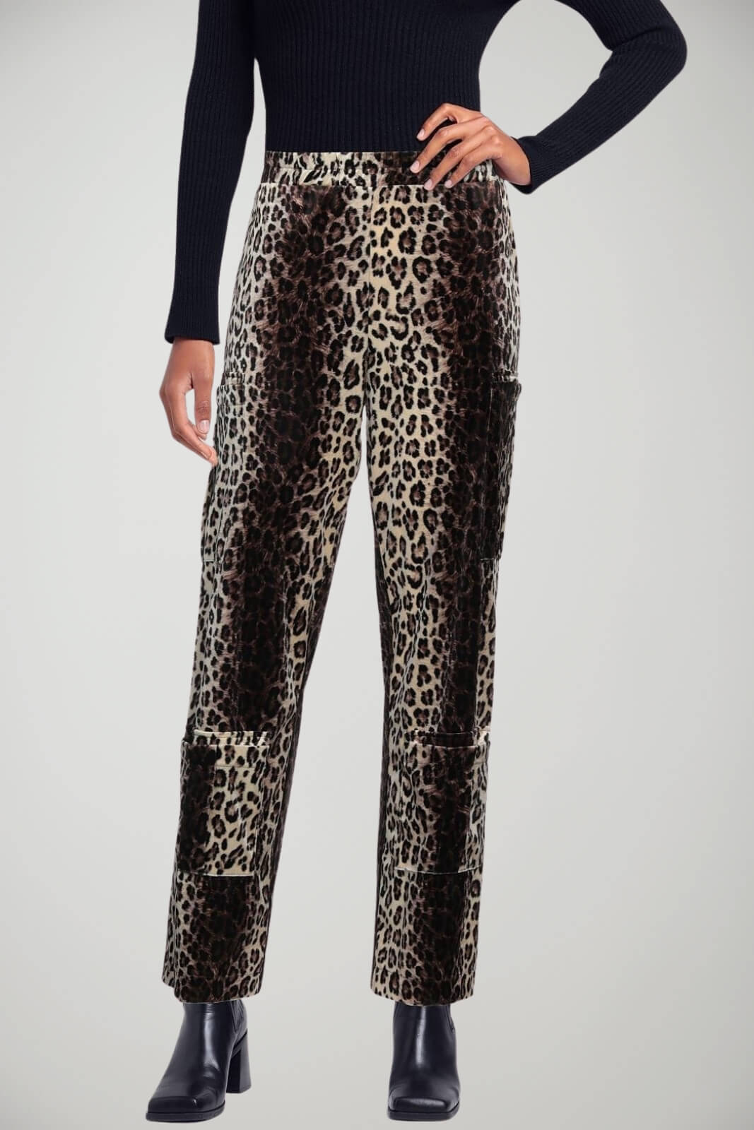Pantalone donna cargo in velluto stampa animalier fronte 1