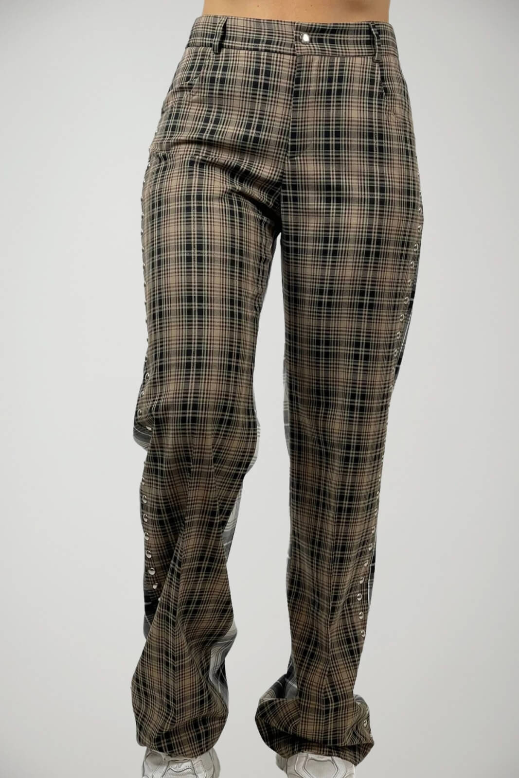 Akep Pantaloni Donna Fantasia Check con Borchie in Viscosa Stretch